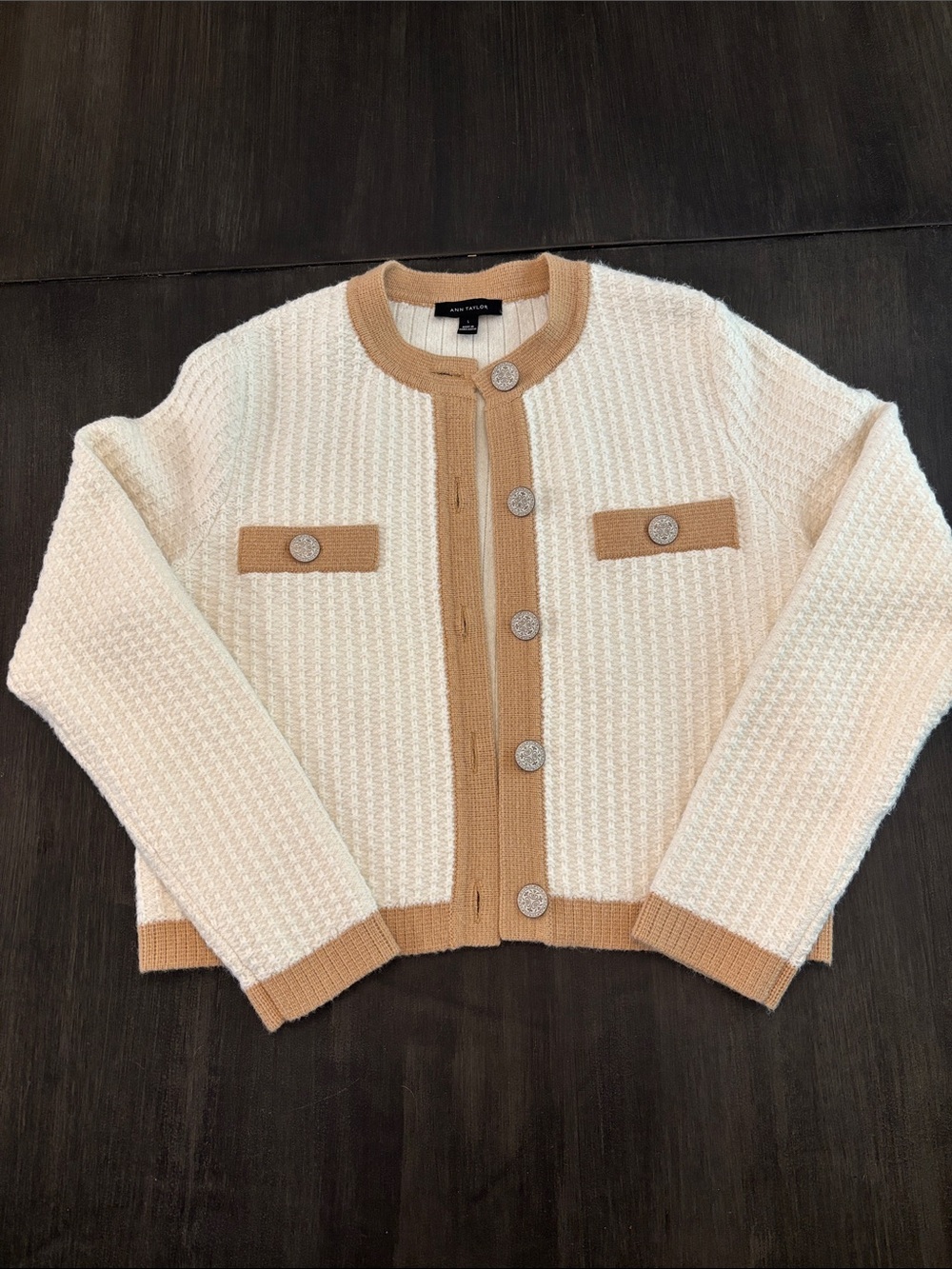 Ann Taylor Cream Knit Cardigan with Tan Trim